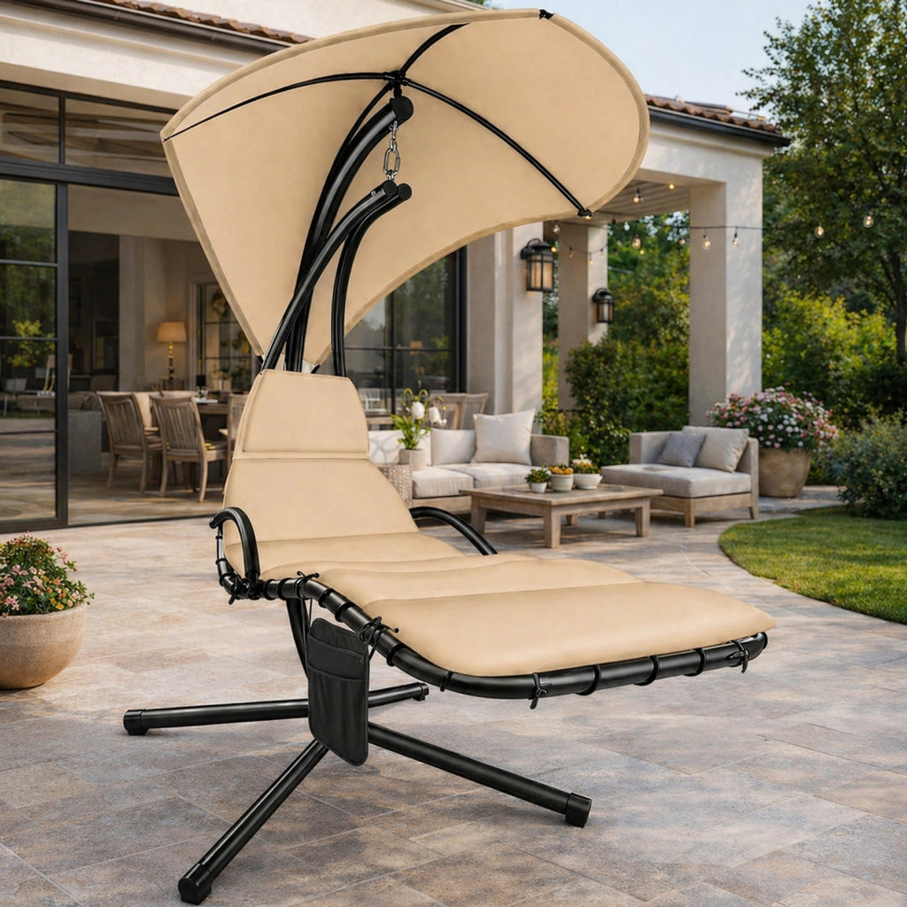 Sdraio Pensile Con Tettuccio Parasole Integrato E Cuscino Ergonomico Amaca Da Giardino In Acciaio E Poliestere 195 x 132 x 197 Cm Beige