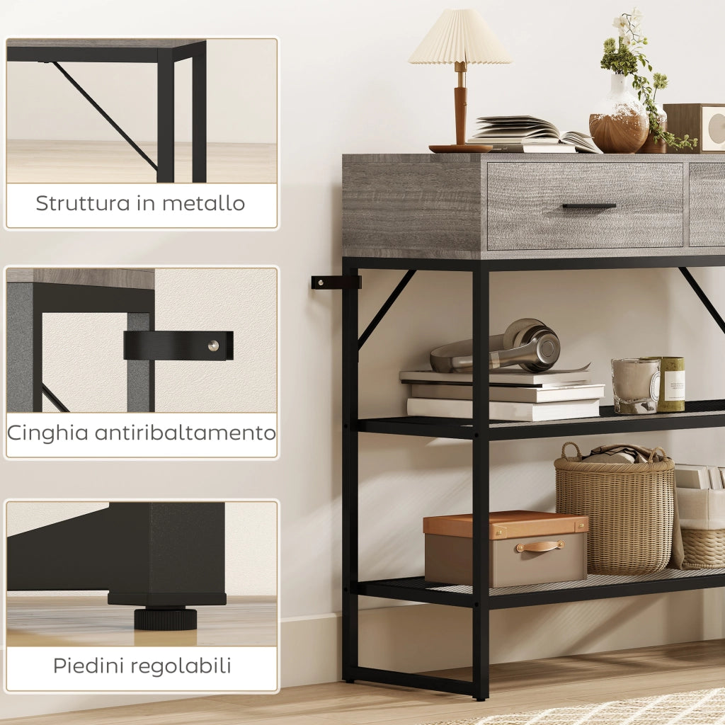 Consolle da Ingresso con 2 Cassetti, 2 Ripiani e Gancio Laterale, in Legno e Metallo, 100x35x92 cm, Nero e Legno