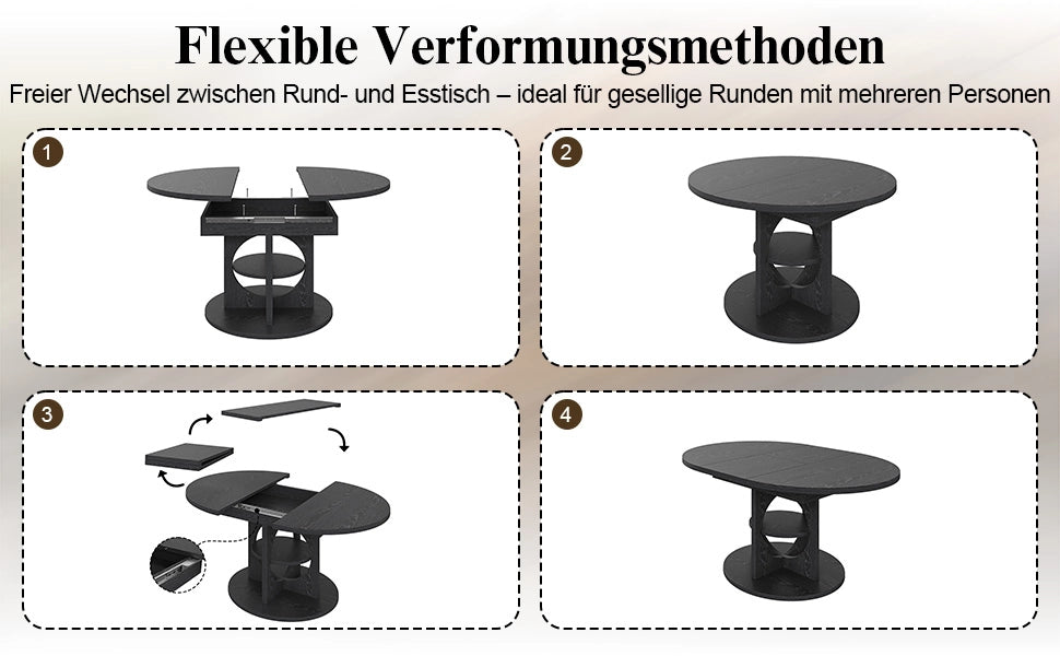 Tavolo allungabile con ripiano centrale, forma rotonda e ovale, moderno, per sala da pranzo e cucina, in MDF nero