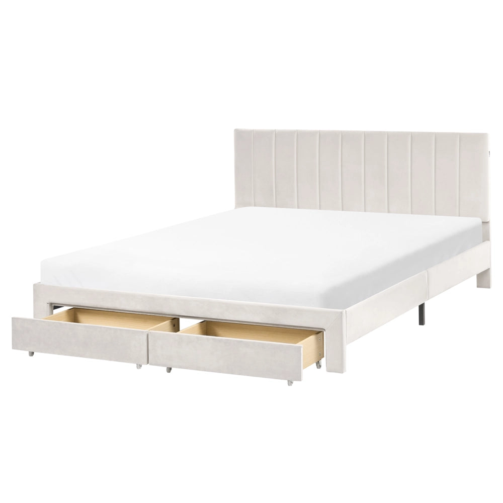 Letto matrimoniale 160 x 200 cm Bianco Sporco Rivestimento in velluto 4ft con cassetti Testiera Base a doghe Moderno