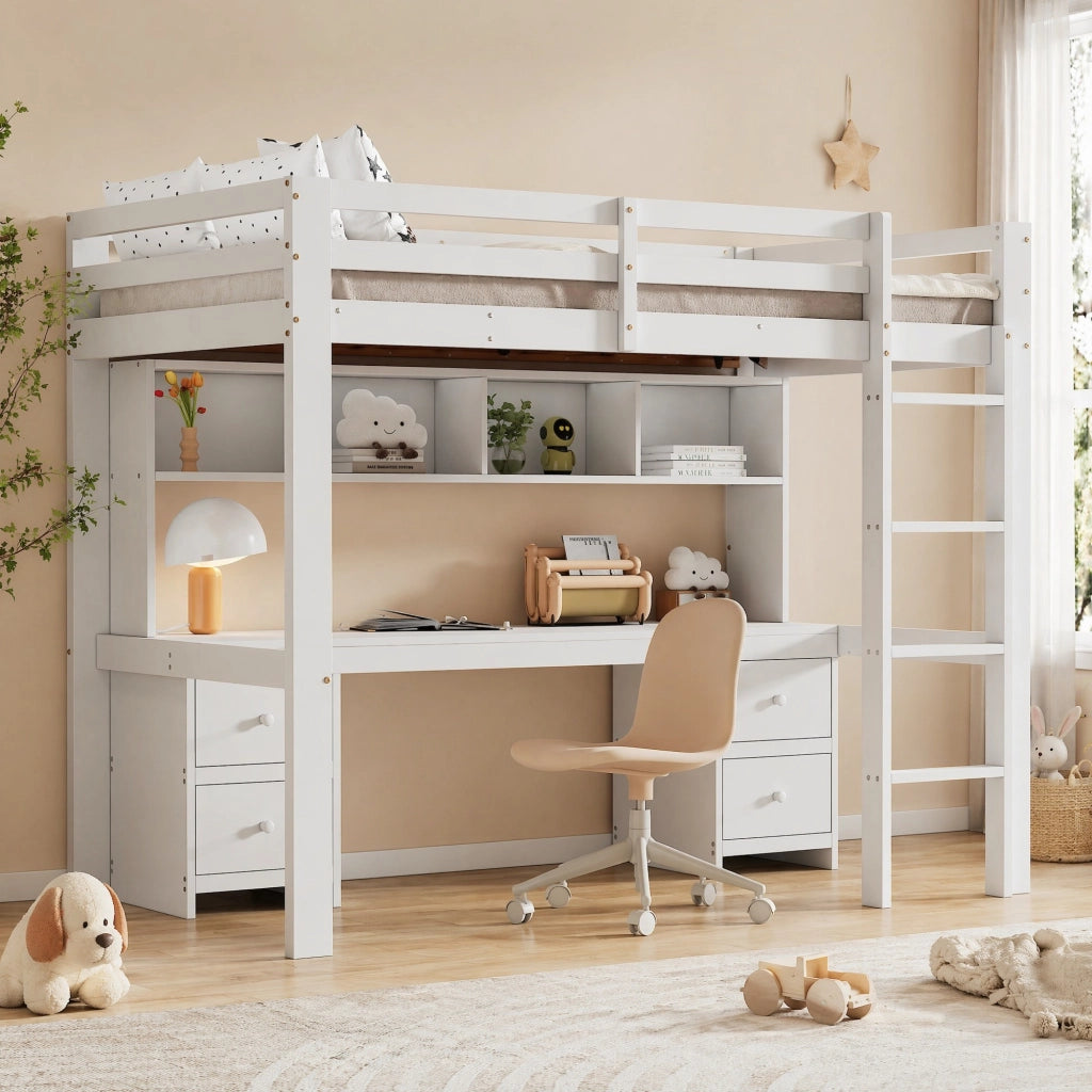 LETTO A SOPPALCO 90x200 cm con scrivania e cassetti in legno di pino bianco