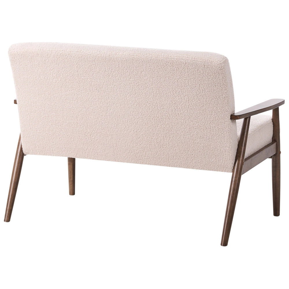 Divano da salotto a 2 posti in bouclé e struttura in legno beige e marrone scuro struttura in legno stile retrò