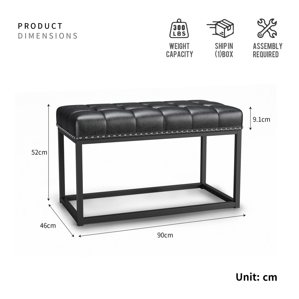 Panca imbottita vintage nera 91 cm con seduta capitonné e struttura in metallo