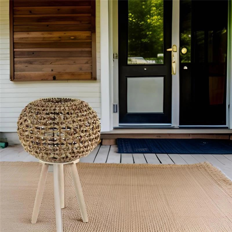 LANTERNA PORTACANDELA NATURALE TONDA STRUTTURA IN METALLO CON INTRECCIO IN BAMBÙ E BICCHIERE IN VETRO 36X60 CM