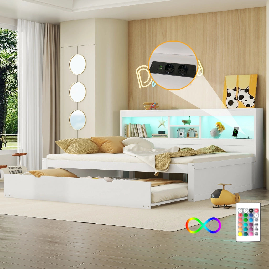 LETTO estraibile 140x200 cm bianco con LED, presa, USB e vano laterale