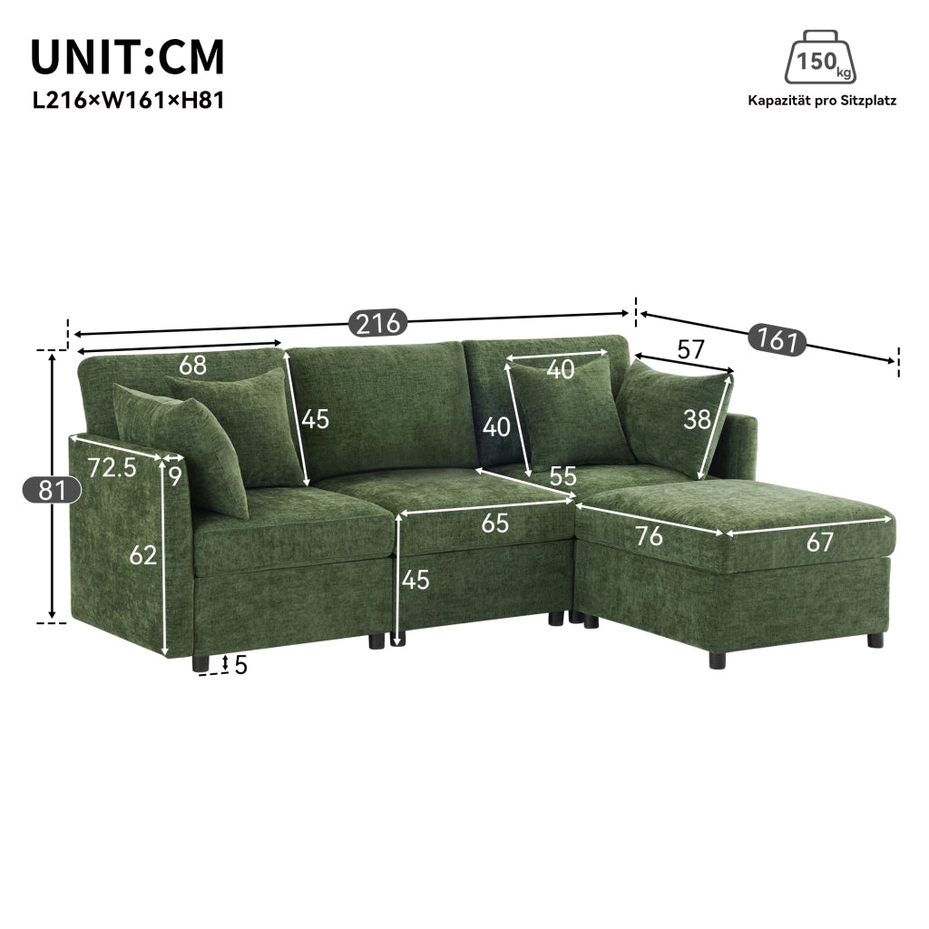 Divano angolare modulare con pouf mobile e 4 cuscini in chenille per soggiorno e ufficio verde 216 × 161 × 81 cm