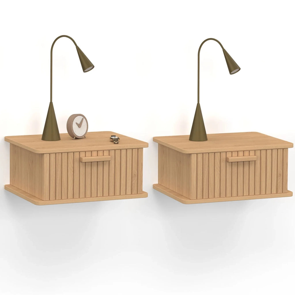 IDMarket - Set di 2 comodini a parete JULIETTE, 1 cassetto, ripiano sospeso, doghe in legno