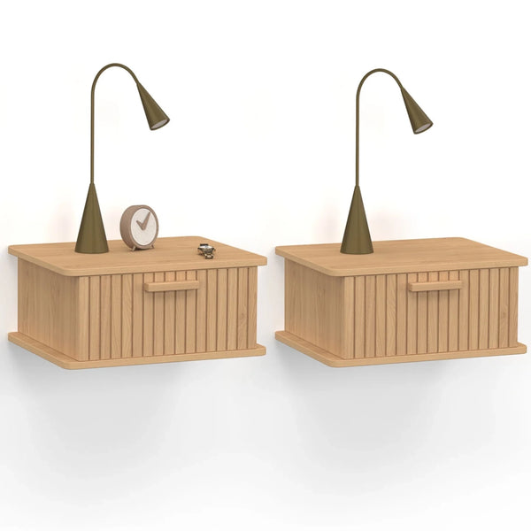 IDMarket - Set di 2 comodini a parete JULIETTE, 1 cassetto, ripiano sospeso, doghe in legno