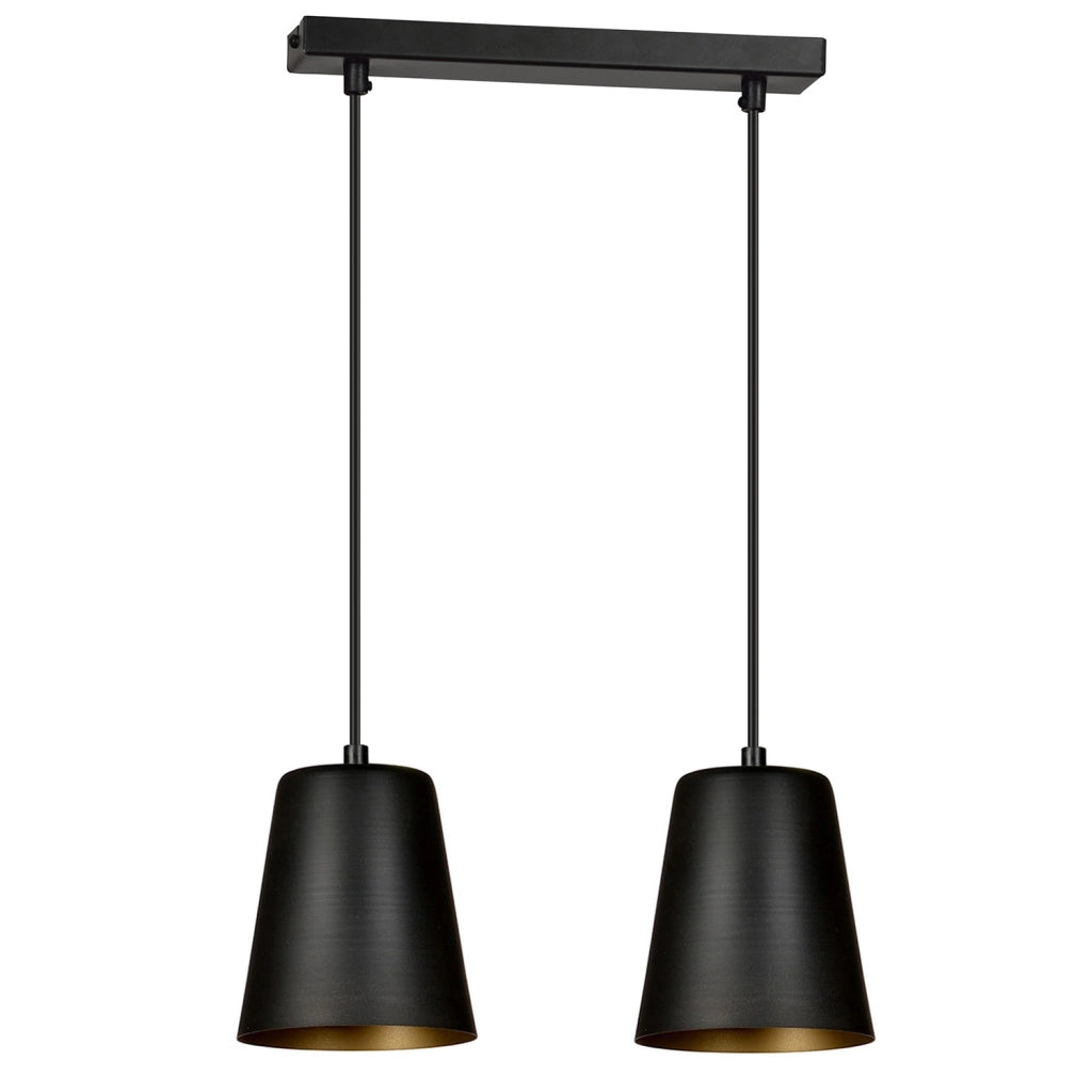 Lampadario 2 Luci Milargo In Acciaio Nero Con Paralumi A Cono In Nero E Oro