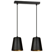 Lampadario 2 Luci Milargo In Acciaio Nero Con Paralumi A Cono In Nero E Oro