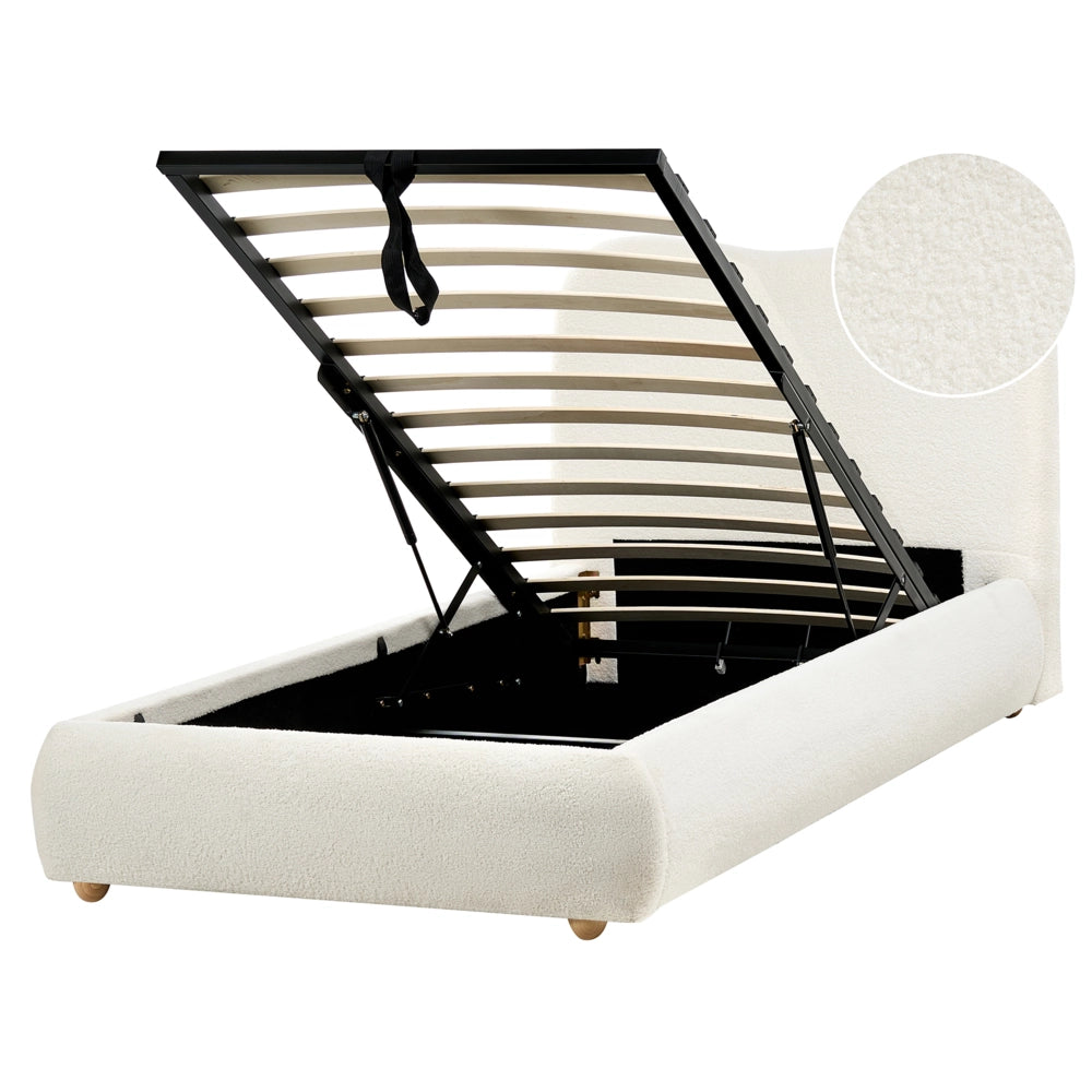 Letto con contenitore in bouclé bianco sporco 90 x 200 cm design moderno e minimalista