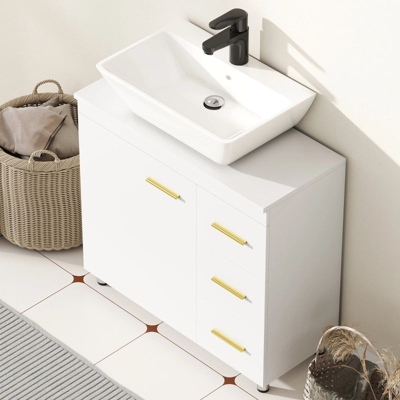 Mobile sottolavabo bagno bianco con 2 ripiani e 3 cassetti, MDF e truciolare, 70 x 30 x 65 cm