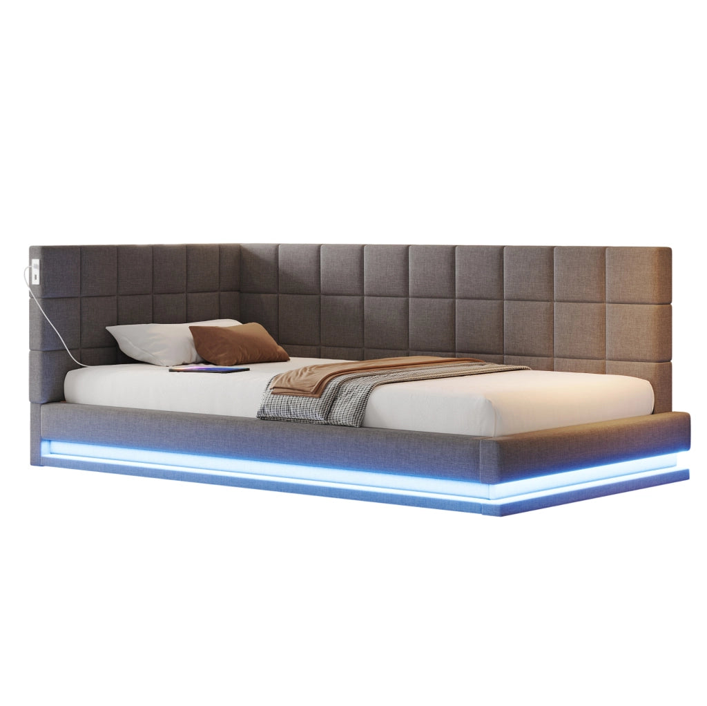 Letto singolo trasformabile 90x200 cm con LED e USB; lino; compensato e MDF; grigio