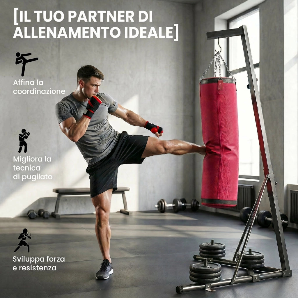 Supporto Sacco Boxe Regolabile con Base Triangolare e Sacco da Boxe. in Acciaio e Tela. 175x91x185-231 cm. Rosso