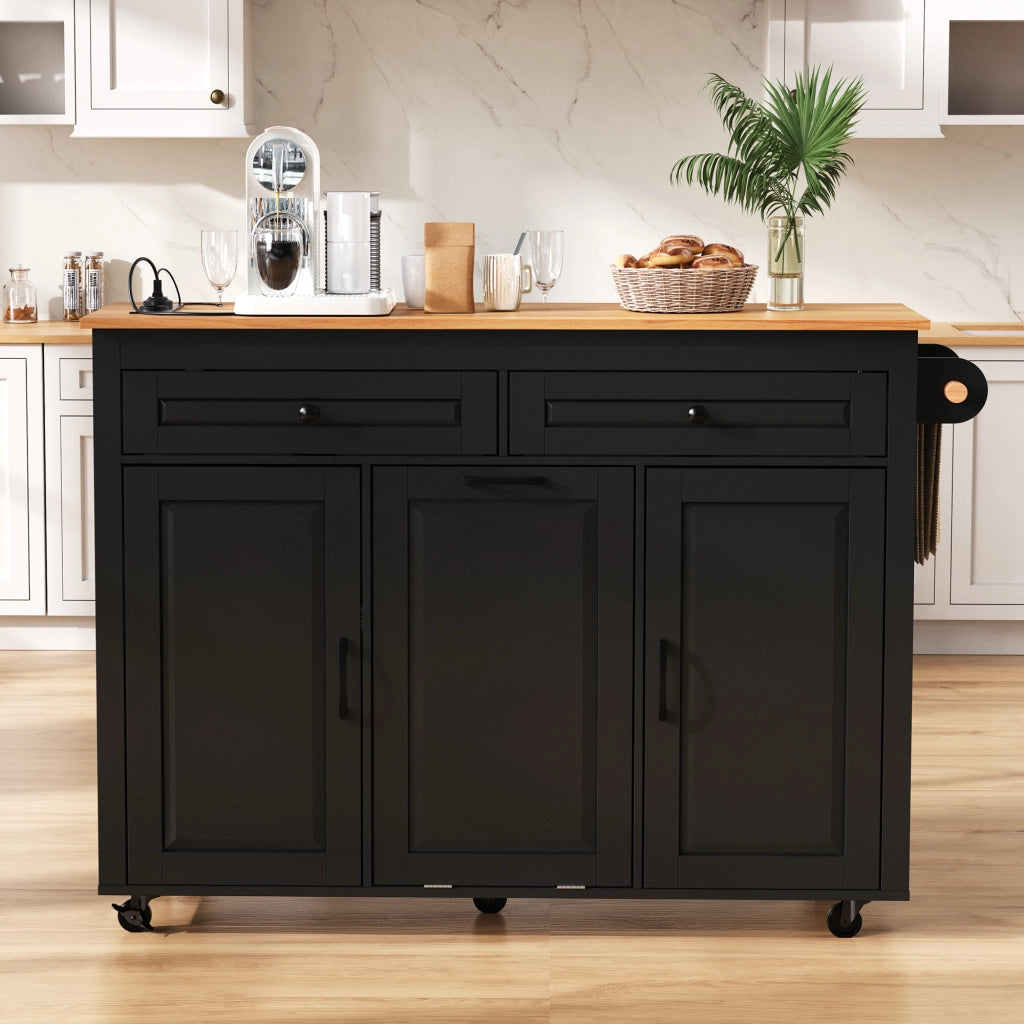 Isola da cucina mobile estraibile - Zephmum - Con piano di lavoro e vano rifiuti, presa di corrente, nero