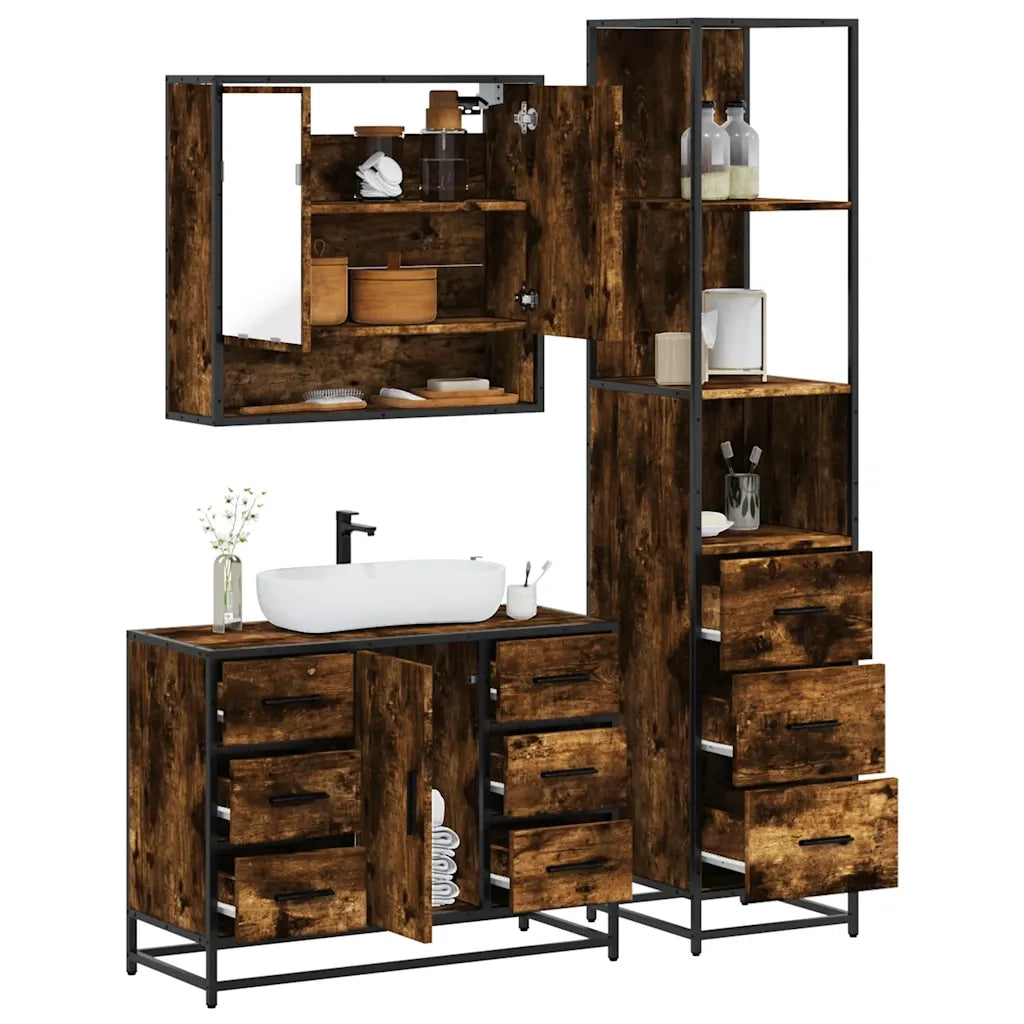 vidaXL Set Mobili da Bagno 3 pz Rovere Fumo in Legno Multistrato