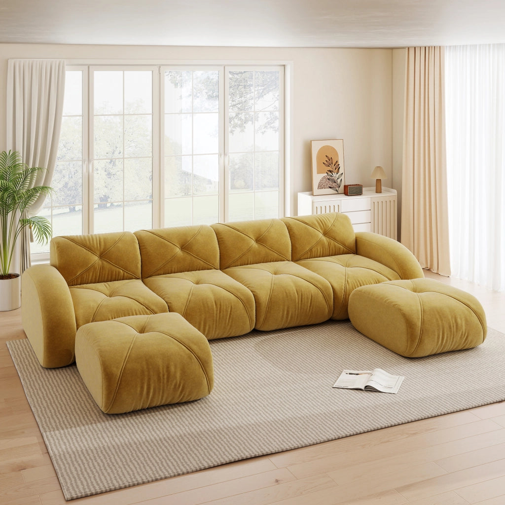 Divano modulare componibile a U 4 posti con 2 pouf in chenille senza struttura per soggiorno senza montaggio giallo