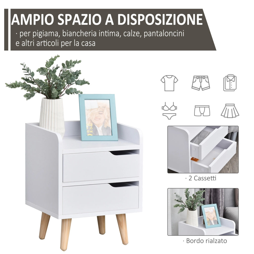 EasyComfort Comodino da Camera da Letto Salvaspazio, Moderno Comodino con 2 Cassetti, Design Semplice, Legno Bianco, Piedini in Legno di Pino, 33 x 28 x 42cm, Bianco