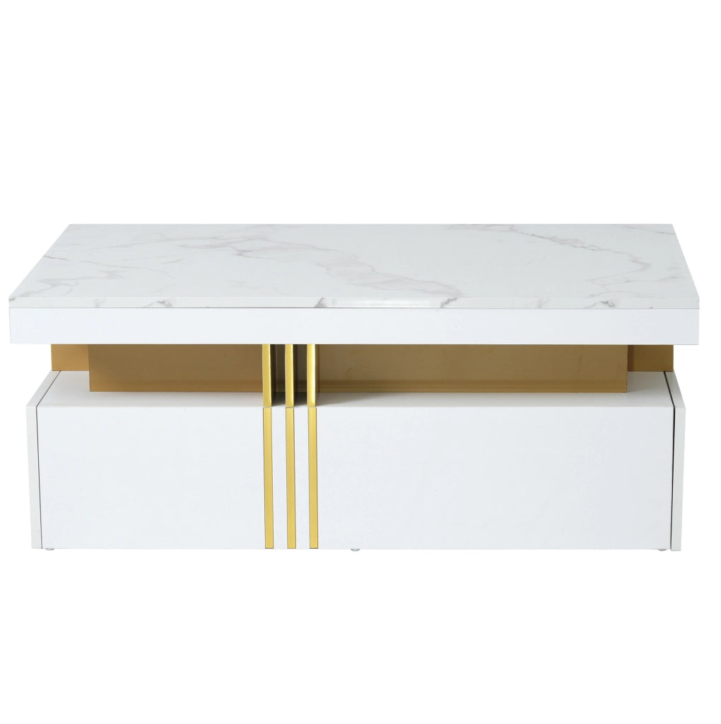 Tavolino da caffè bianco 100x50x40 cm con 2 cassetti e piano marmorizzato