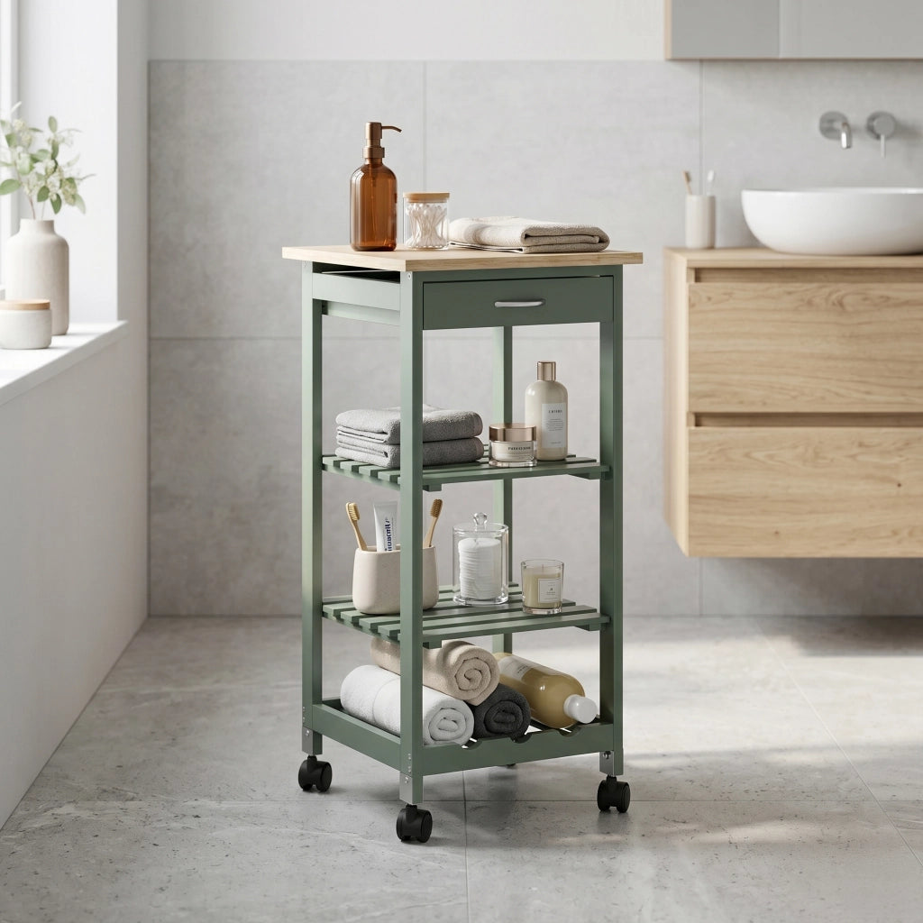 Carrello Portaoggetti Biel con Cassetto 3 Ripiani e Griglia Portabottiglie 76x37x37 cm - Verde / Effetto Legno [en.casa]