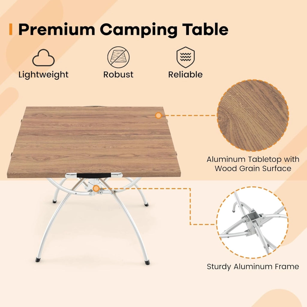 Tavolo da campeggio in alluminio, tavolo da picnic pieghevole da 2 pezzi, design estensibile, piano in legno venato, con borsa per il trasporto, cuscinetti antiscivolo per piedi