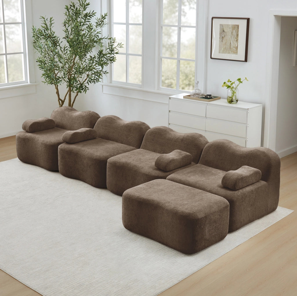 Divano angolare modulare 4 posti con pouf; 384x167x70 cm in velluto marrone