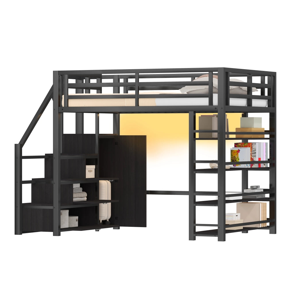 Letto a soppalco 140 × 200 cm con scaffale, armadio, scala contenitore e LED, senza materasso, nero