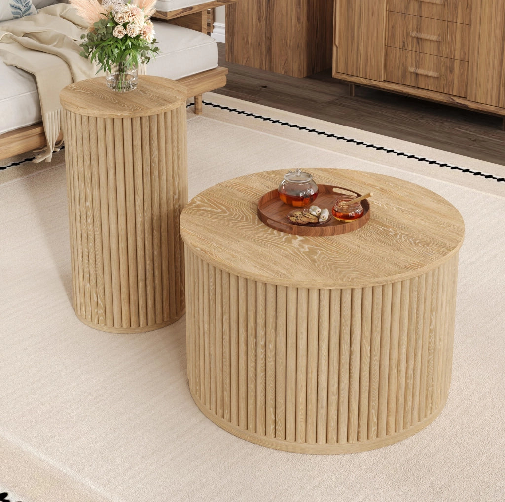 Set di 2 tavolini da caffè rotondi in MDF naturale