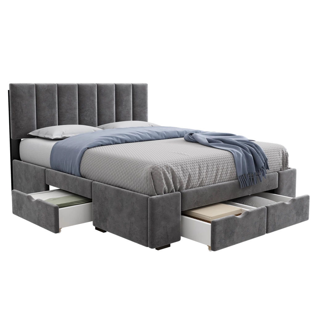 Letto imbottito 140x200 cm in velluto grigio con rete a doghe e 4 cassetti