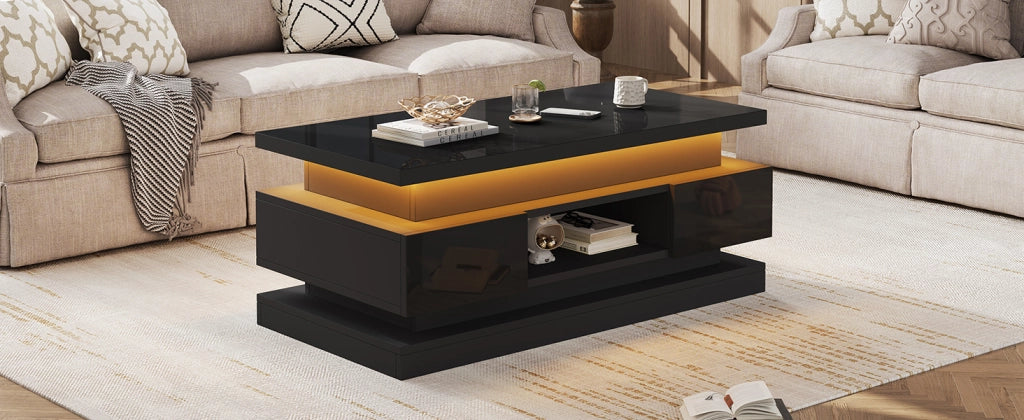 TAVOLINO DA CAFFÈ ALZABILE 100x50x40 cm NERO LUCIDO con LED e 2 cassetti