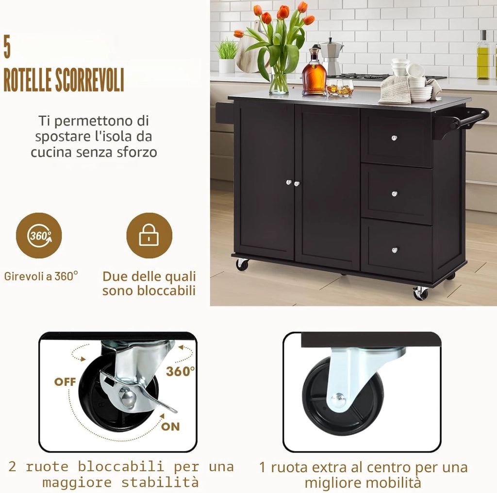 Isola da cucina mobile con piano di lavoro in acciaio inox, carrello da cucina con 3 cassetti e portasciugamani e ripiano regolabile, armadio da cucina su ruote, trolley da cucina 135 x 45,5