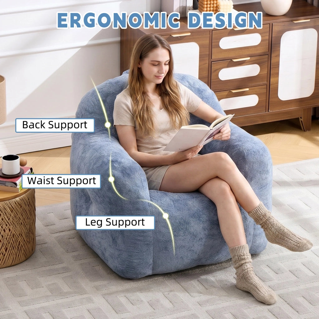 Pouf lounge in pelliccia sintetica con schienale ergonomico e imbottitura in schiuma sminuzzata senza montaggio blu