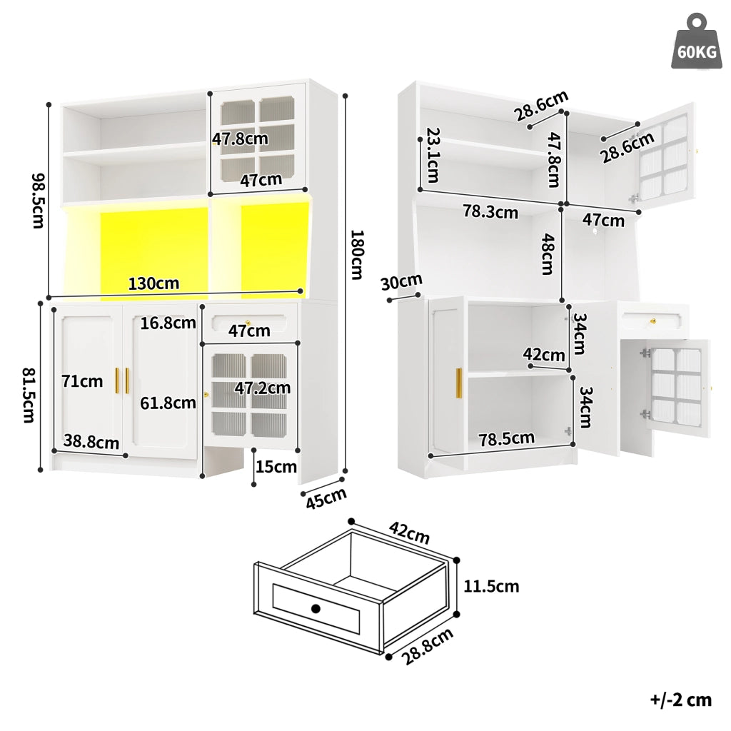 Credenza alta da cucina con LED, ante in vetro e spazio per robot aspirapolvere, bianca, 130 × 45 × 180 cm