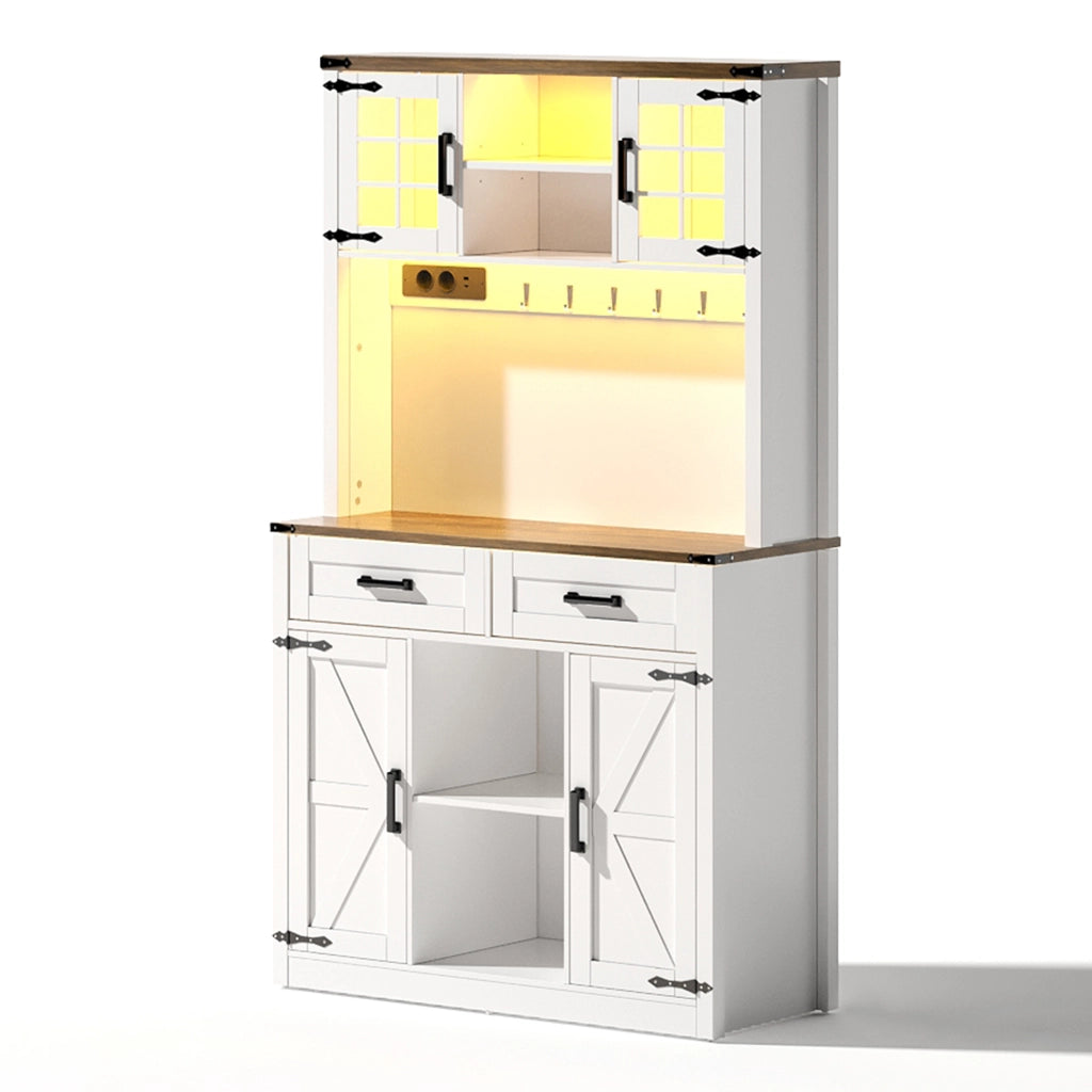 Credenza bar con LED e prese, mobile buffet con ante effetto fienile, ripiani regolabili, marrone e bianco