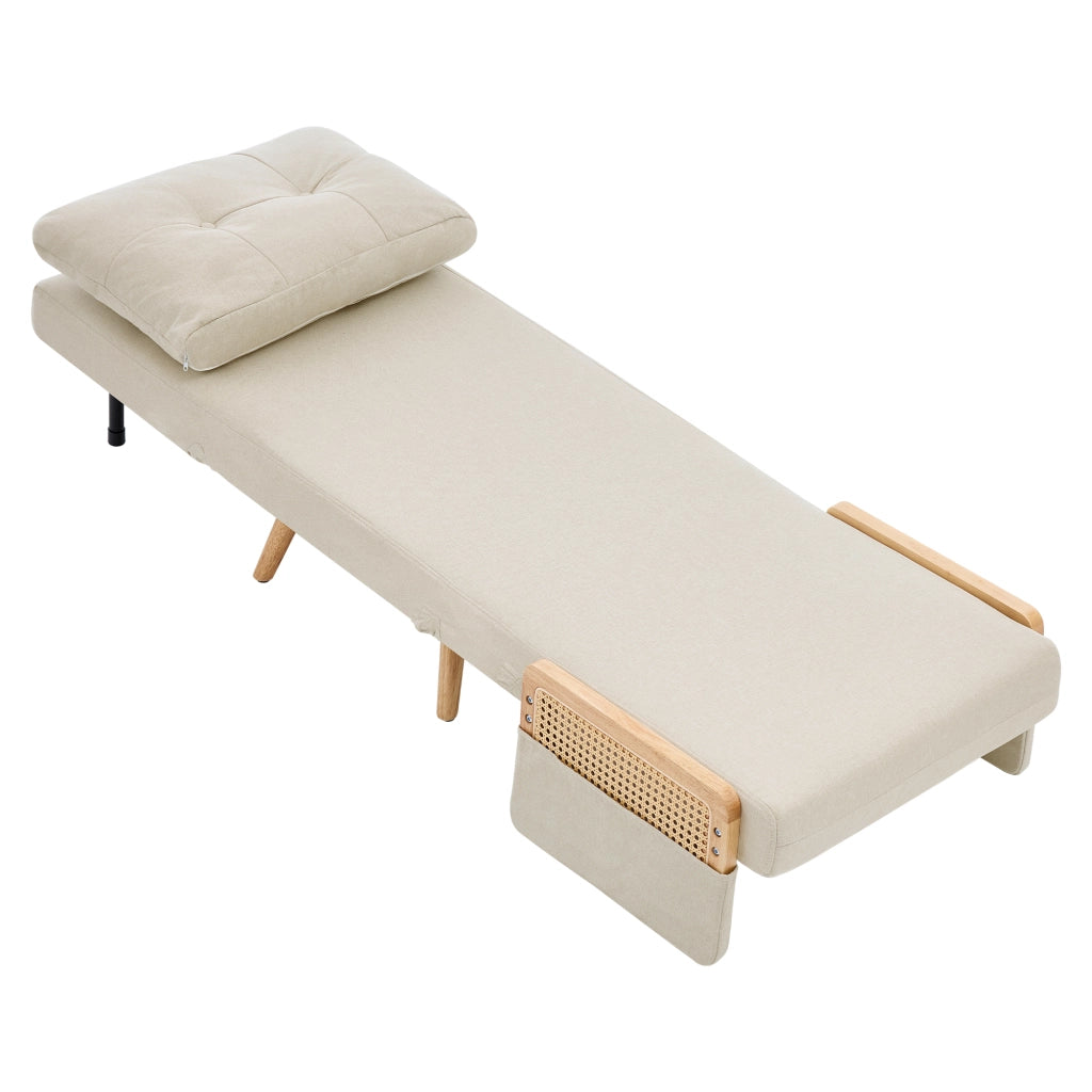Poltrona letto 3 in 1 - con schienale reclinabile e braccioli in rattan - in lino beige