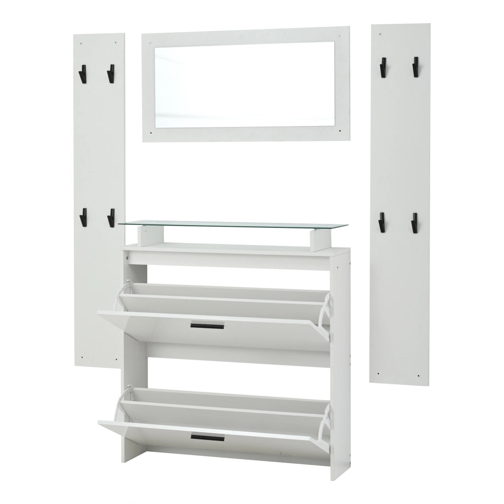 Set Guardaroba Ingresso 4 Pezzi Bianco 89;5×23×96;5 cm con Specchio; Scarpiera Lucida e 8 Ganci