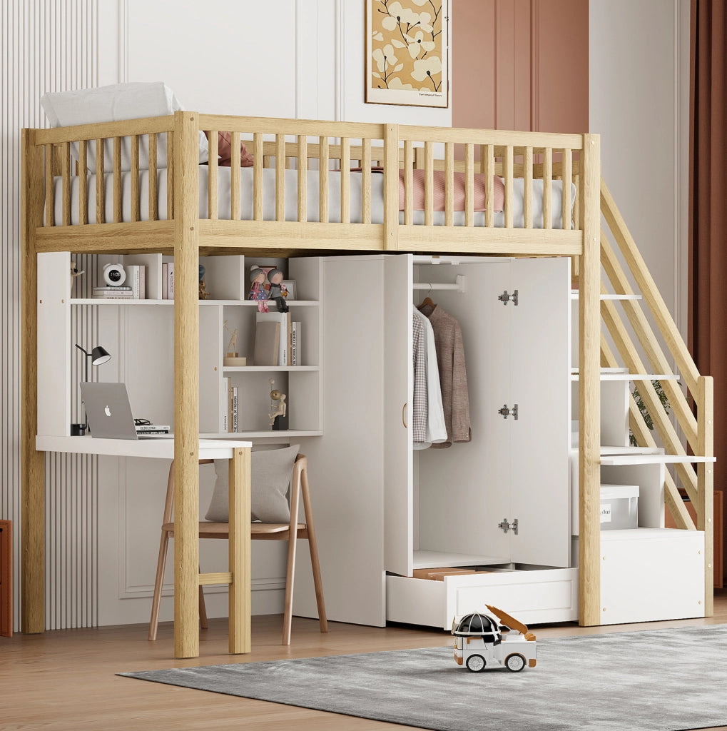 Letto a soppalco 90×200 cm con armadio, scrivania, scaffale e scala contenitore