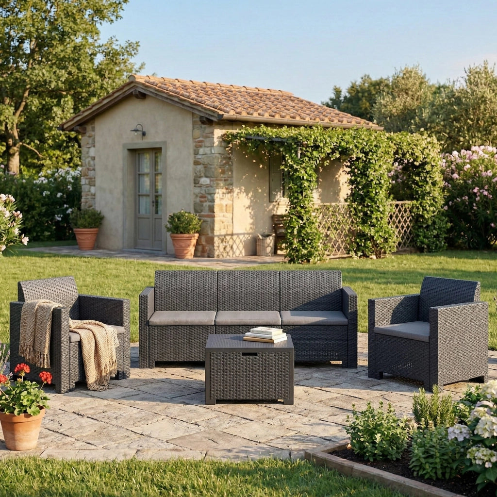 Salottino da esterno Admiral, Set da giardino con cuscini, Salottino  effetto rattan, 100% Made in Italy, Antracite