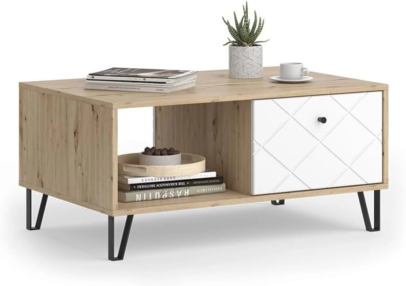 Tavolino Nizza, Rovere artigianale, 90.2 x 59.4 cm con scomparto aperto e cassetto, da utilizzare come superficie d'appoggio accanto al letto