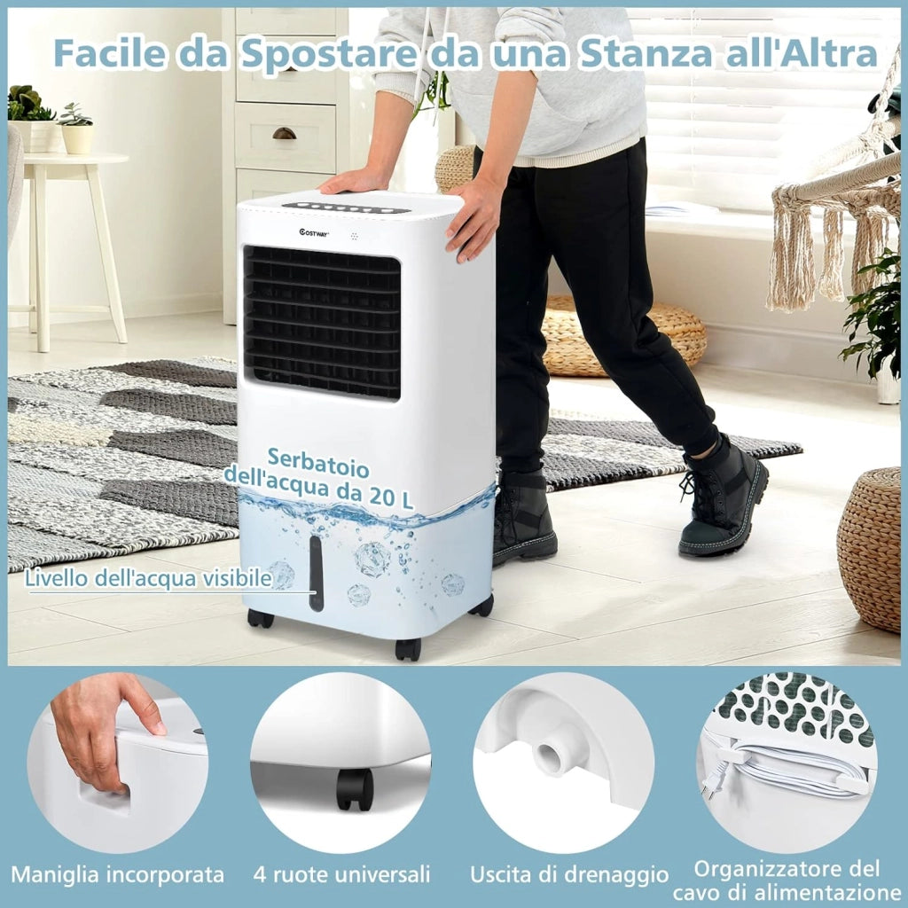 Condizionatore Portatile 3 in 1, Con Raffreddamento, Ventola e Umidificazione, Serbatoio dell’acqua di 20 L, 7,5 H Timer, Con 4 Velocità, Telecomando e Ruote