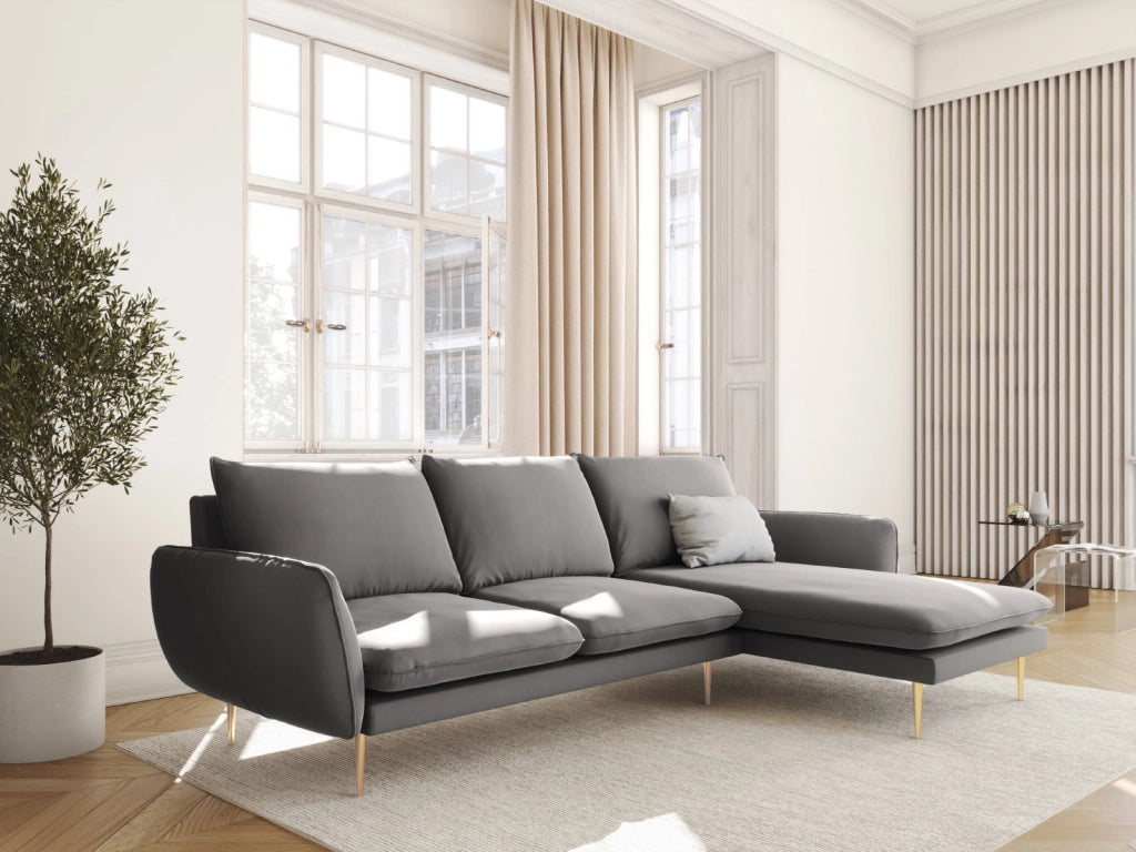 Cosmopolitan Design - Divano angolare destro "Vienna" 5 posti in velluto grigio chiaro 