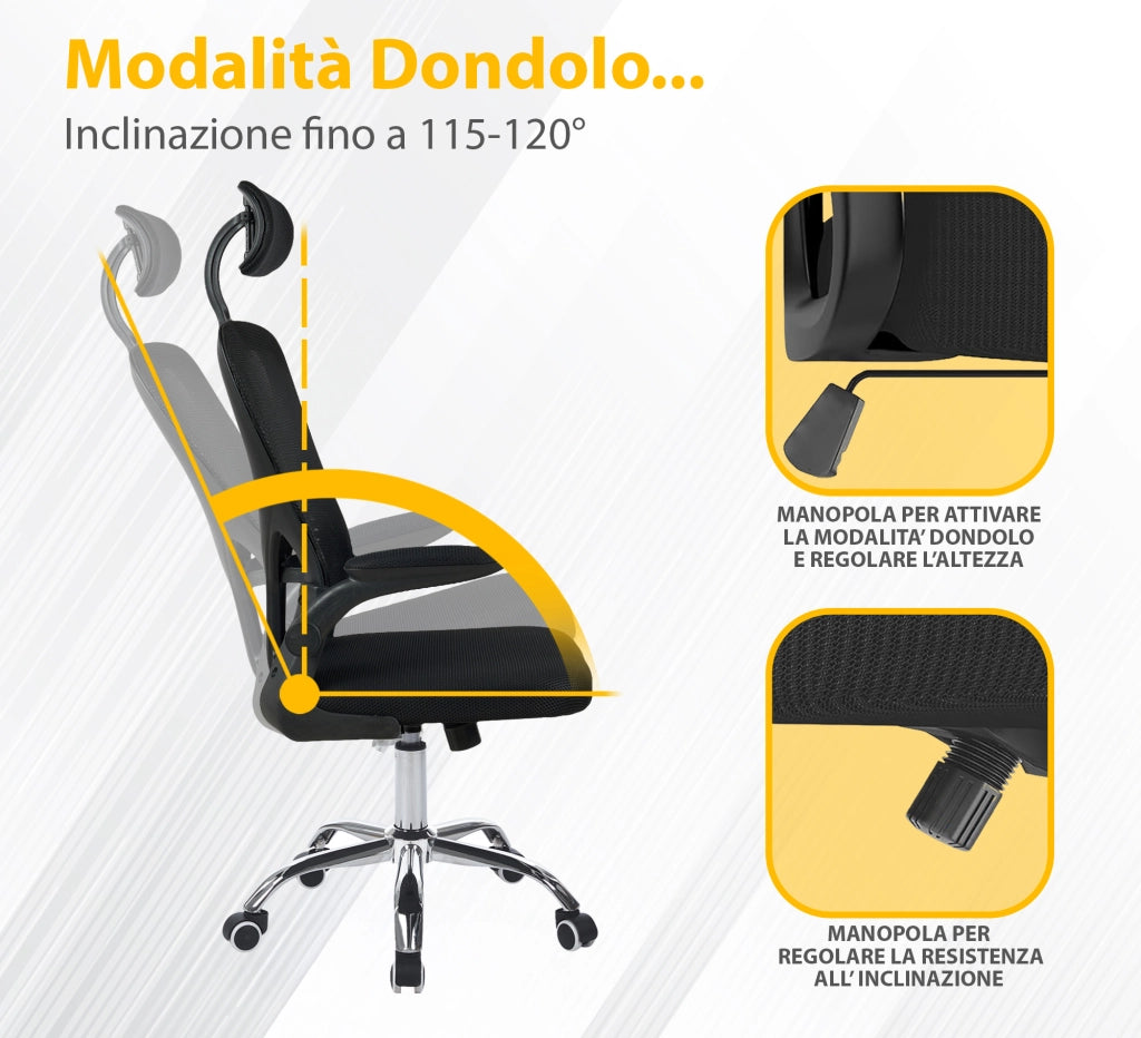 Sedia Da Ufficio Con Supporto Lombare, Poltrona Scrivania Ergonomica Braccioli Regolabili Altezza Regolabile Schienale in Rete Traspirante,Oscillante con Ruote Girevoli Con Poggiatesta