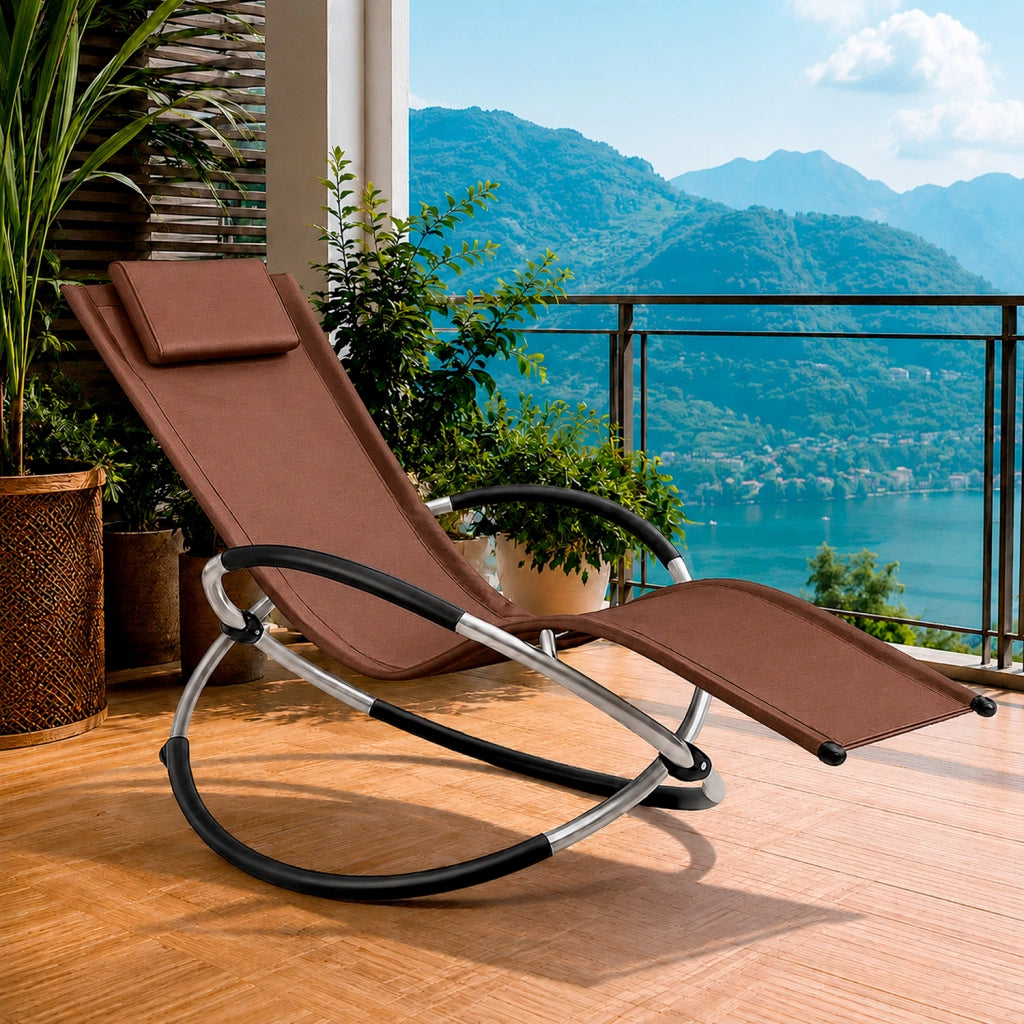 Poltrona Dondolo Reclinabile Da Giardino Con Poggiatesta Removibile In Textilene Traspirante Telaio Metallo Relax Outdoor 73 x 150 x 93 Cm Marrone