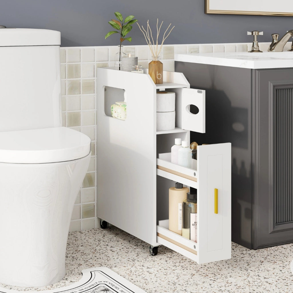 Organizzatore da 16 cm stretto e slim con portascopino e ruote con freno, Mobiletto da bagno piccolo per spazi ridotti Bianco