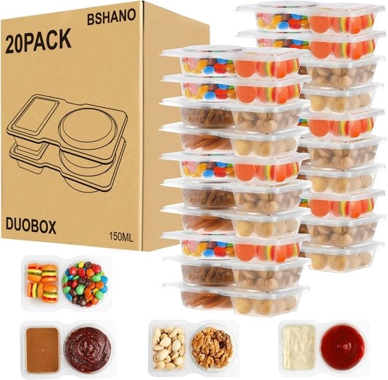 Contenitori per condimenti con doppio compartimento, 20 pezzi, riutilizzabili, contenitori per snack/dip sigillabili a doppio strato, BPA-free, doppio compartimento per la preparazione delle pasti, controllo delle porzioni, viaggi e all'aperto