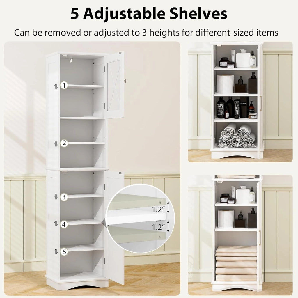 Armadietto da Bagno Slim con 2 Ante, Ripiano Regolabile e 2 Scomparti Aperti, Mobile Alto per Bagno e Soggiorno, Moderno，2 Colori