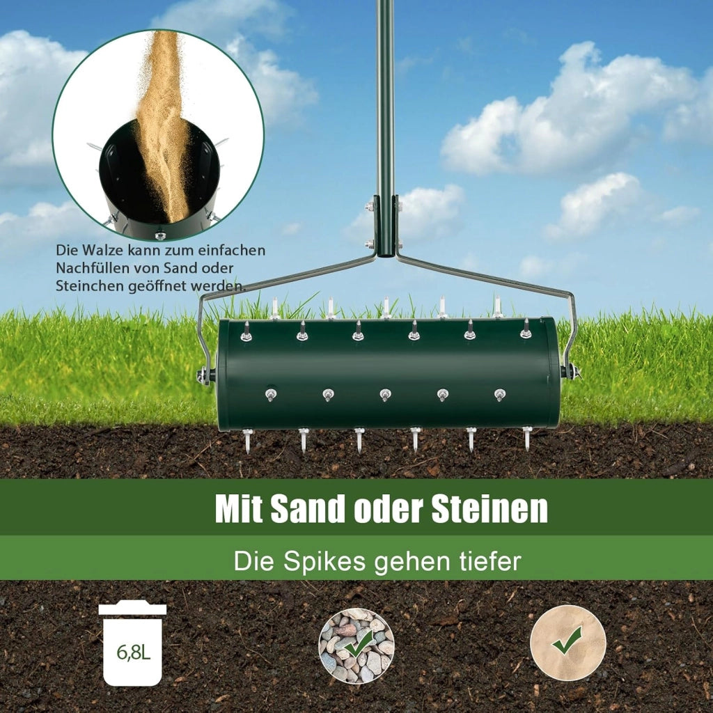 Arieggiatore per Prato a Rullo 44/53 cm, Aeratore Rullo da Giardino Manuale con Chiodi da 3,5 cm, in Metallo Antiruggine con Manico, Ideale per Prato, Orto e Terreno (53 x 130 cm, Verde)