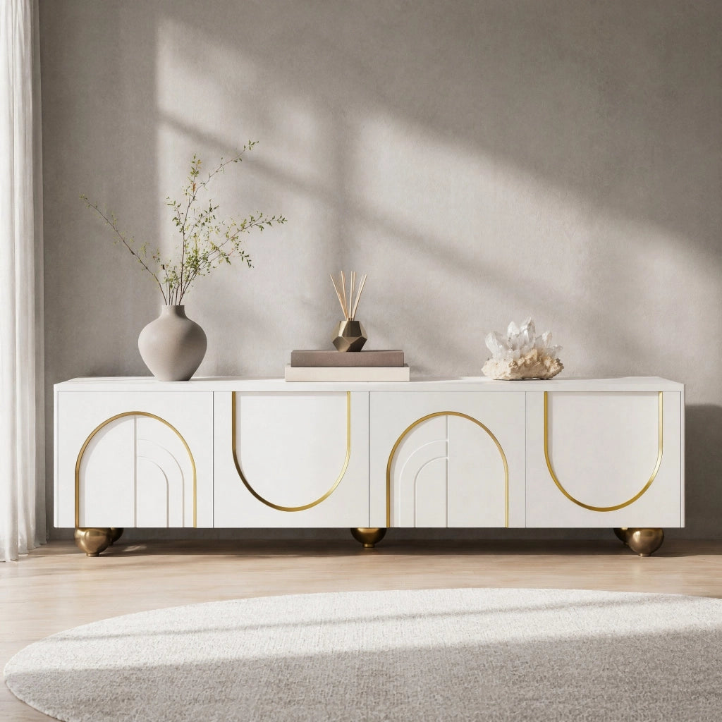 Mobile porta TV con 4 ante push-to-open e cerniere ammortizzate in truciolato bianco e oro 170 × 38 × 44 cm