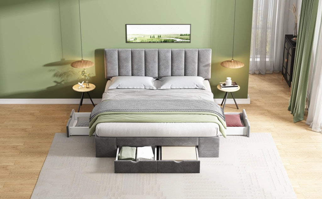 Letto matrimoniale imbottito in velluto con testiera regolabile e 4 cassetti; grigio; 160x200 cm
