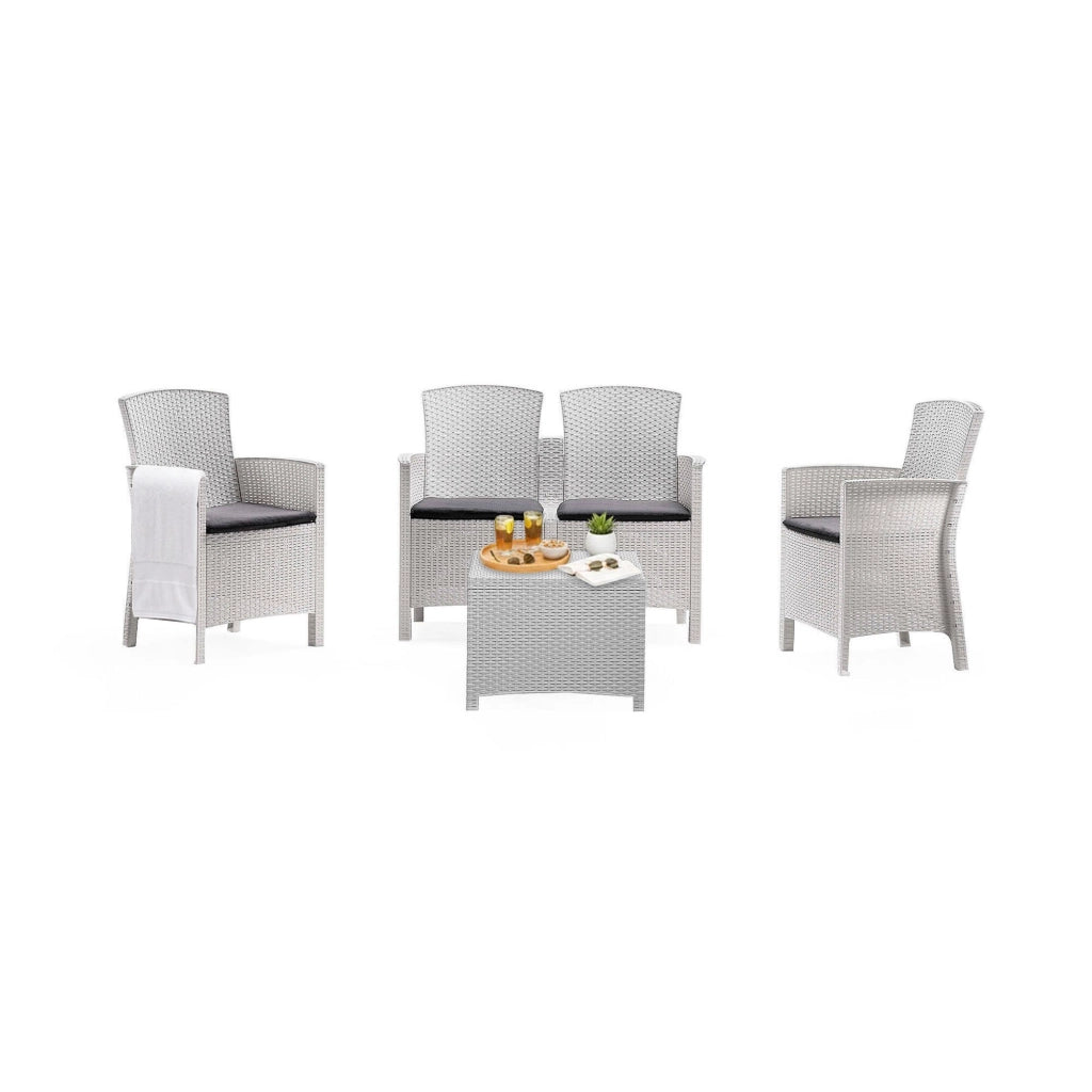 Salottino da esterno Asiak, Set da giardino con cuscini, Salottino  effetto rattan, 100% Made in Italy colore Bianco